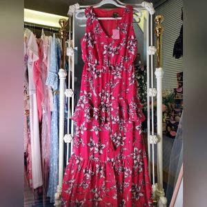 Taylor Dark Pink Floral Ruffles Sleevless Maxi Dress